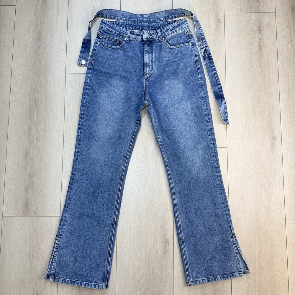 Cider Womens High Rise Straight Leg Jeans Size‎ L Blue Denim Belted Casual Pants